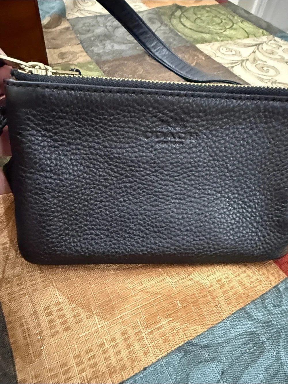 COACH Black Pebbled Leather Zip Wristlet with Tag